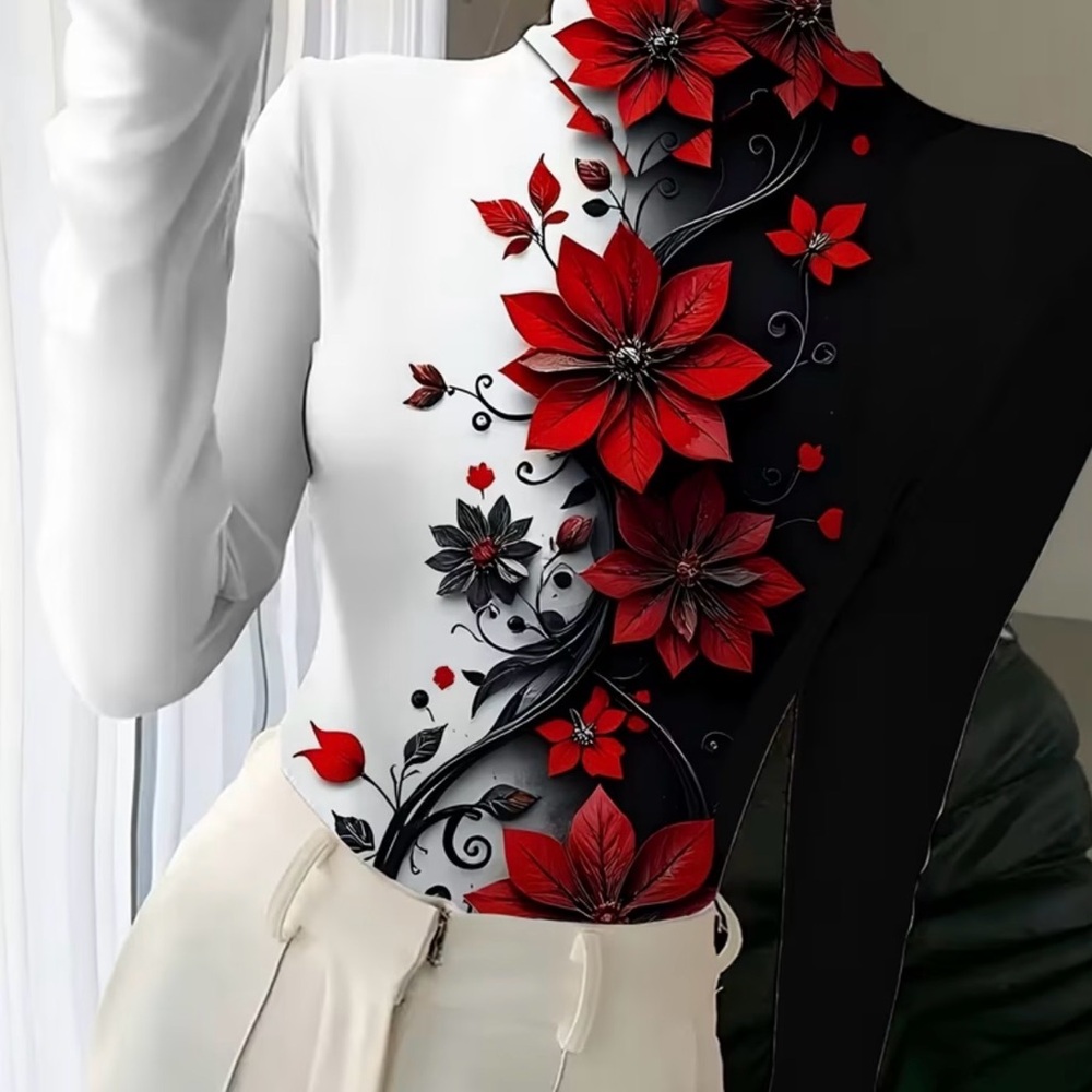 Oriental high neck Black and White Floral Long Sleeve Top - Picture 2 of 14